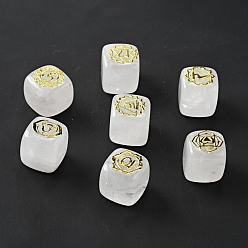 Quartz Crystal 7Pcs 7 Styles Natural Quartz Crystal Beads, with Long-Lasting Plated Golden Tone Brass Chakra Pattern Slices, Lead Free & Cadmium Free, No Hole, Cube, 15.5~18x15~17x14.5~17mm, 1pc/style