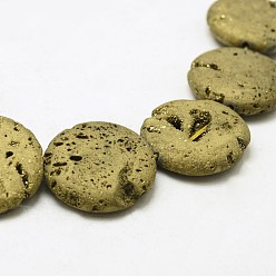 Golden Plated Electroplated Natural Druzy Geode Crystal Beads Strands, Flat Round, Dyed, Golden Plated, 30x7~8mm, Hole: 2mm, about 7pcs/strand, 8.26 inch(21cm)
