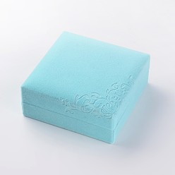 Pale Turquoise Square Velvet Bracelets Boxes, Jewelry Gift Boxes, Flower Pattern, Pale Turquoise, 10.1x10x4.3cm