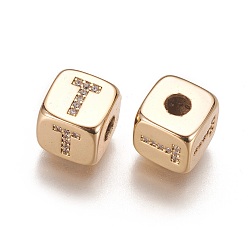 Letter T Brass Micro Pave Cubic Zirconia Beads, Horizontal Hole, Real 18K Gold Plated, Long-Lasting Plated, Cube with Letter, Clear, Letter.T, 9x9x9mm, Hole: 3.5mm