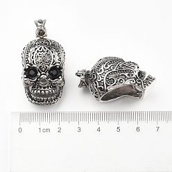 Antique Silver Retro Men's Halloween Jewelry 304 Stainless Steel Big Skull Pendants, with Rhinestones, Antique Silver, 50x23x26mm, Hole: 9x5mm