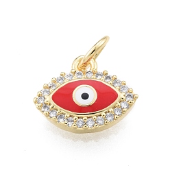 Red Brass Micro Pave Clear Cubic Zirconia Charms, with Enamel and Jump Rings, Golden, Evil Eye, Red, 10x12x2.5mm, Hole: 3mm