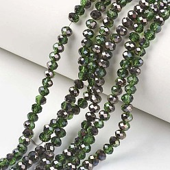 Vert Plaquent verre transparent perles brins, demi-plaqué noir, facette, rondelle, verte, 4x3mm, Trou: 0.4mm, Environ 123~127 pcs/chapelet, 16.5~16.9 pouce (42~43 cm)