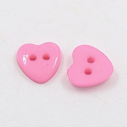 Pink Boutons acryliques de coeur , boutons de couture en plastique pour la conception de costumes, 2-trou, teint, rose, 12x12x3mm, Trou: 1mm