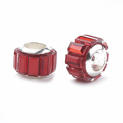 Red Glass European Beads, Large Hole Beads, with Brass Core, Faceted, Rondelle, Silver, Red, 9x7mm, Hole: 5mm