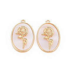 September Aster Brass Birth Floral Pendants, Oval with Flower Mother of Pearl White Shell Charms, Nickel Free, Real 18K Gold Plated, September Aster, 27x18x4mm, Hole: 1.8mm
