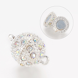 Silver Alloy Magnetic Clasps with Loops, with Rhinestone, Round, Crystal AB, Silver Color Plated, 21x14mm, Hole: 1.5mm