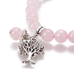 Rose Quartz Chakra Jewelry, Natural Rose Quartz Bracelets, with Metal Tree Pendants, 50mm