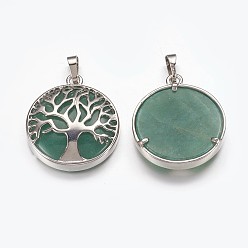 Green Aventurine Natural Green Aventurine Pendants, with Brass Finding, Flat Round with Tree of Life, Platinum, 31x27x6mm, Hole: 5x8mm