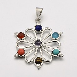 Colorful Platinum Plated Alloy Gemstone Flower Pendants, Chakra Jewelry, Colorful, 40x32x4.5mm, Hole: 5x5mm
