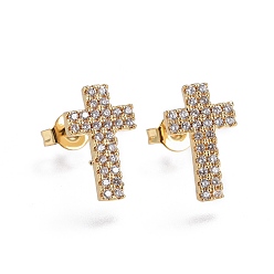 Clear Brass Micro Pave Cubic Zirconia Stud Earrings, Cross, Golden, Clear, 13.5x8x2mm, Pin: 0.7mm