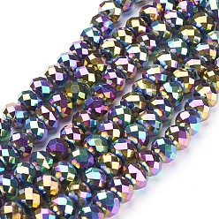Plaqué Multicolore Perles en verre electroplate, facette, rondelle, multi-couleur plaquée, 10x7mm, Trou: 1mm, Environ 70~72 pcs/chapelet, 18 pouce