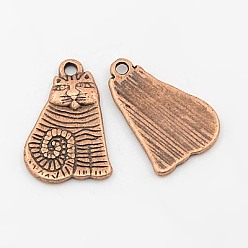 Red Copper Tibetan Style Alloy Pendants, Cadmium Free & Nickel Free & Lead Free, Cartoon Cat Shape, Red Copper, 13x1.6mm, Hole: 2mm