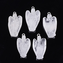 Quartz Crystal Natural Quartz Crystal Pendants, with Iron Findings,Angel, Platinum, 29~30x15~17x9~10mm, Hole: 1.8mm
