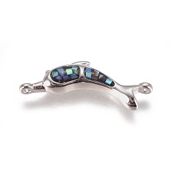 Platinum Abalone Shell/Paua Shell Links, with Brass Findings, Dolphin, Platinum, 8.5x24.5x3.5mm, Hole: 1mm