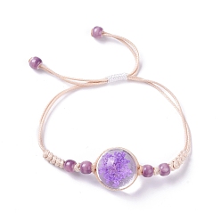 Violet Bleu Bracelet à maillons de fleurs pressées à sec fait à la main pour fille femme, bracelet réglable en perles de verre babysbreath, bleu violet, diamètre intérieur: 5/8~ 3-1/8 pouce (1.5~7.9 cm)