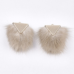 Antique White Faux Mink Fur Tassel Pendant Decorations, with Brass Findings, Light Gold, Antique White, 40~42x20~30x5.5~7mm, Hole: 2mm