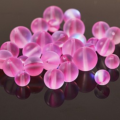 Pearl Pink Synthetic Moonstone Beads Strands, Dyed, Holographic Beads, Half AB Color Plated, Frosted, Round, with 1 Roll Elastic Crystal Thread, Pearl Pink, Beads: 6~10mm, Hole: 1mm, 135pcs/box