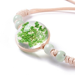 Green Handmade Dry Pressed Flower Link Bracelet for Girl Women, Babysbreath Glass Cover Beads Adjustable Bracelet, Green, Inner Diameter: 5/8~ 3-1/8 inch(1.5~7.9cm)