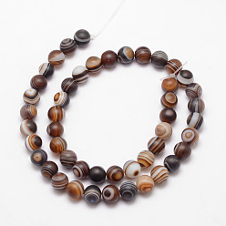 Coffee Natural Striped Agate/Banded Agate Bead Strands, Round, Dyed & Heated, Frosted, Grade A, Coffee, 8mm, Hole: 1mm, about 47pcs/strand, 15 inch