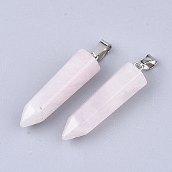 Quartz Rose Naturel a augmenté de point de quartz pendentifs, avec les accessoires en laiton de tonalité de platine, balle, 35~37x10~11x9~10mm, Trou: 6~7x2.5~4mm