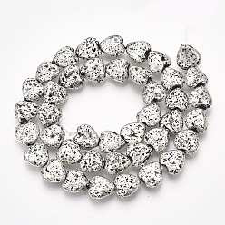 Platinum Plated Electroplated Natural Lava Rock Beads Strands, Bumpy, Heart, Platinum Plated, 11x10~10.5x4.5~5mm, Hole: 1mm, about 40pcs/strand, 15.7 inch