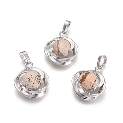 Picture Jasper Natural Picture Jasper Pendants, with Platinum Tone Brass Findings, Flower, 24x19.4x9.8mm, Hole: 6x3.5mm