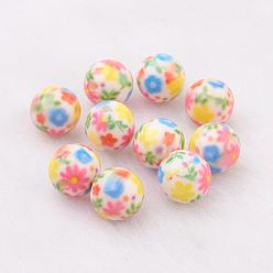 Colorful Spray Painted Resin Beads, with Flower Pattern, Round, Colorful, 10mm, Hole: 2mm
