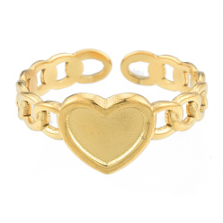 Real 18K Gold Plated Ion Plating(IP) 304 Stainless Steel Heart with Chain Cuff Rings, Open Rings for Women Girls, Real 18K Gold Plated, US Size 6(16.9mm)