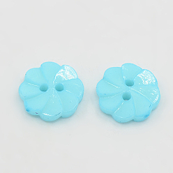 Cyan Acrylic Buttons, 2-Hole, Dyed, Flower, Cyan, 13x3mm, Hole: 2mm