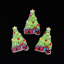Vert Clair Noël 2-boutons en bois d'érable peints à la bombe, imprimé sur une seule face, arbre de Noël, vert clair, 40x23x2mm, Trou: 1.6mm