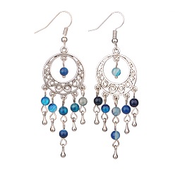 Mixed Stone Trendy Dangling Gemstone Earrings, with Alloy Findings and Brass Earrings Hooks, Antique Silver, Mixed Stone, 70mm, Pin: 0.6mm