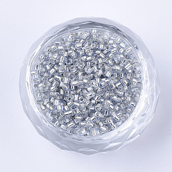 Argent Perles cylindriques en verre, Perles de rocaille, Argenté, trou rond, argenterie, 1.5~2x1~2mm, Trou: 0.8mm, environ 8000 pcs / sachet , environ 85~95 g /sachet 