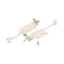 Bowknot Серьги-гвоздики с кристаллами и стразами и искусственным жемчугом, латунные длинные серьги с кисточками и 925 булавками из стерлингового серебра для женщин, золотой свет, Bowknot шаблон, 87 мм, штифты : 0.8 мм