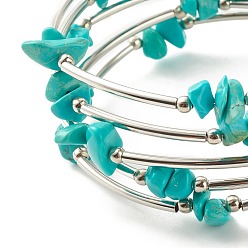 Synthetic Turquoise 5-Loop Synthetic Turquoise(Dyed) Chip Beaded Wrap Bracelets for Women, Steel Memory Wire Bracelet, Platinum, Inner Diameter: 2-1/8 inch(5.45cm)