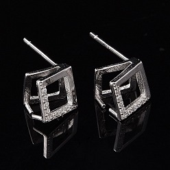Platinum Rhodium Plated 925 Sterling Silver Stud Earring Findings, with Micro Pave Cubic Zirconia, Bar Links and Ice Pick Pinch Bail, Rhombus, Platinum, 10x10mm, Pin: 0.8mm
