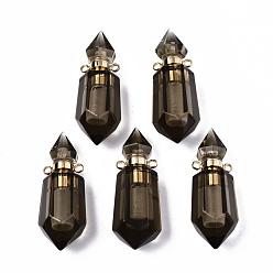 Smoky Quartz Faceted Natural Smoky Quartz Pendants, Openable Perfume Bottle, with Golden Tone Brass Findings, Hexagon, 40~41.5x15x13.5mm, Hole: 1.8mm, Bottle Capacity: 1ml(0.034 fl. oz)