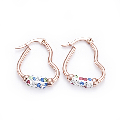 Mixed Color (Jewelry Parties Factory Sale)Simple Fashion 304 Stainless Steel Hoop Earrings, with Polymer Clay Rhinestone, Geometrical, Heart, Mixed Color, 24x18x4.5~5mm, Pin: 0.6x1mm