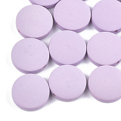 Lilac Painted Natural Poplar Wood Beads, Flat Round, Lilac, 20x5mm, Hole: 1.4mm