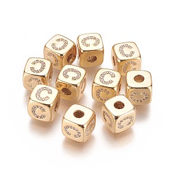 Letter C Brass Micro Pave Cubic Zirconia Beads, Horizontal Hole, Real 18K Gold Plated, Long-Lasting Plated, Cube with Letter, Clear, Letter.C, 9x9x9mm, Hole: 3.5mm