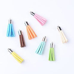Mixed Color Faux Suede Tassel Pendant Decorations, with Brass Cord Ends, Platinum, Mixed Color, 33~34x7mm, Hole: 2mm