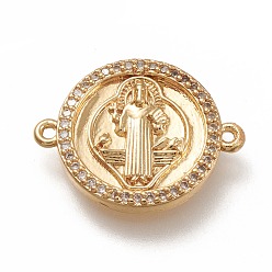 Real 18K Gold Plated Brass Links Connectors, with Micro Pave Clear Cubic Zirconia, Flat Round with Cssml Ndsmd Cross God Father Religious Christianity, Real 18K Gold Plated, 15x19x2mm, Hole: 1mm