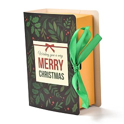 Mot Coffrets cadeaux pliants de noël, forme de livre avec ruban, sacs d'emballage cadeau, pour cadeaux bonbons cookies, Motif à thème de Noël, 13x9x4.5 cm
