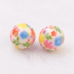 Colorful Spray Painted Resin Beads, with Flower Pattern, Round, Colorful, 10mm, Hole: 2mm