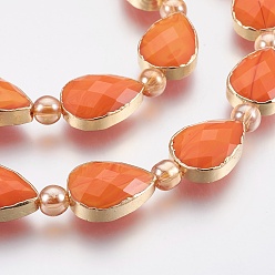 Coral Opaque Glass Beads Strands, Faceted, with Golden Tone Brass Edge, Teardrop & Round, Coral, 18x12.5~13x7~7.5mm, Hole: 1mm, about 10pcs/strand, 9 inch(23cm)