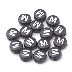 Letter M Opaque Acrylic Beads, Horizontal Hole, Alphabet Style, Flat Round, Letter.M, 7x4mm, Hole: 1.5mm, about 3700pcs/500g