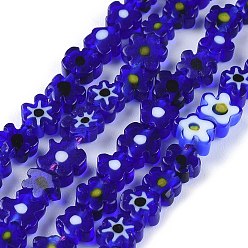 Bleu Moyen  Main millefiori perles de verre brins, fleur, bleu moyen, 4~7.2x2.6mm, Trou: 1mm, Environ 60~69 pcs/chapelet, 16 pouce (40 cm)