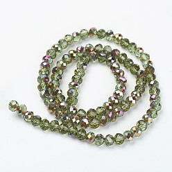 Vert Jaune Plaquent verre transparent perles brins, la moitié rose doré, facette, rondelle, vert jaune, 6x5mm, Trou: 1mm, Environ 85~88 pcs/chapelet, 16.1~16.5 pouce (41~42 cm)
