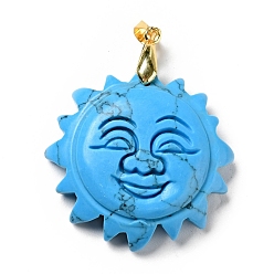 Synthetic Turquoise Synthetic Turquoise Pendants, with Golden Tone Brass Findings, Lead Free & Cadmium Free, Sun with Smiling Face, 42x34~35x10.5mm, Hole: 3.8x5mm