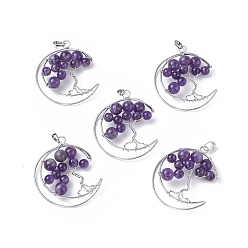 Amethyst Natural Amethyst Big Pendants, with Platinum Tone Brass Findings, Moon with Tree, 50~53x41~43x8~10mm, Hole: 7x5mm